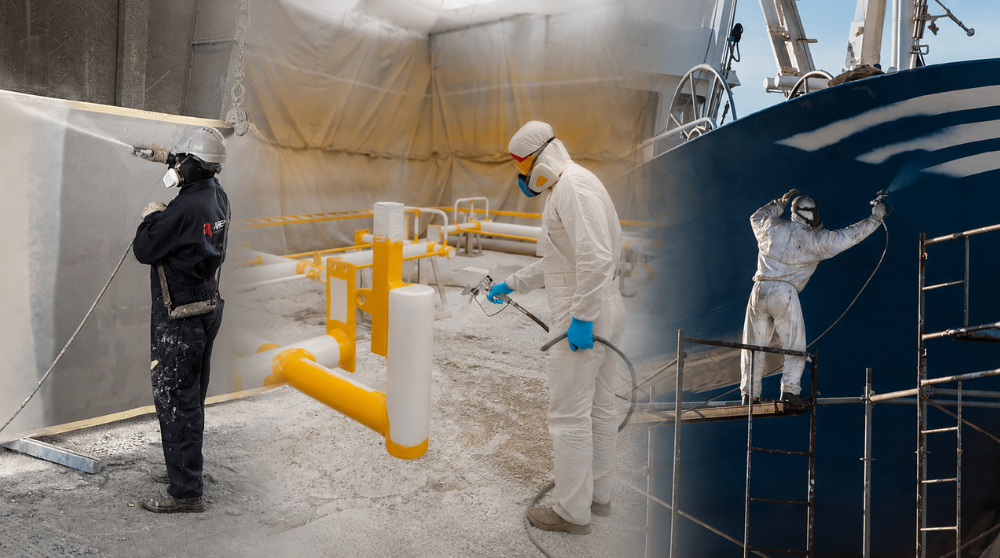 Industrial operator applying coating with an airless paint sprayer on a large metal surface.
