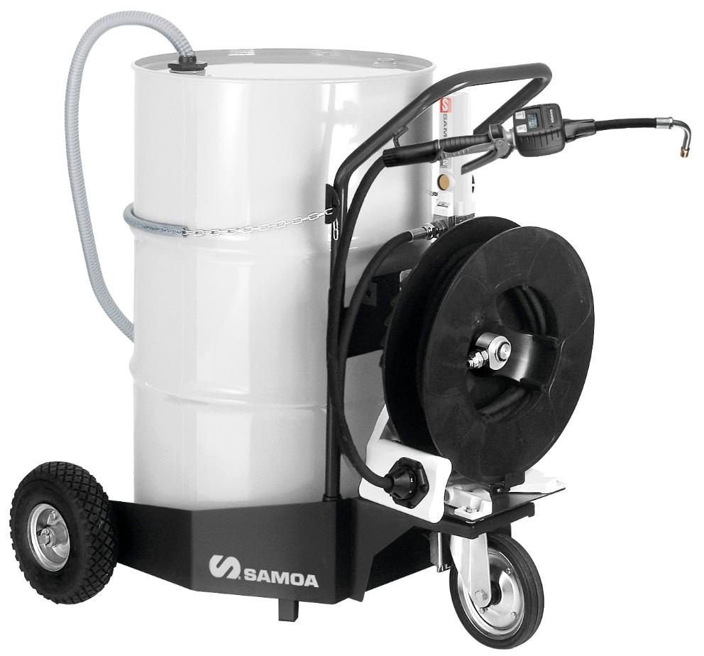 PUMPMASTER 2 - 3:1 RATIO OIL PNEUMATIC PUMP, 205 L DRUM MOBILE PACKAGE
WITH 432814 TROLLEY AND RM-12S REEL