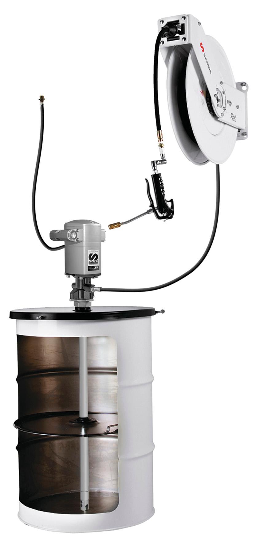 PUMPMASTER 35 - 60:1 RATIO GREASE PNEUMATIC PUMP, 185 KG DRUM STATIONARY
PACKAGE WITH HOSE REEL AND GREASE GUN