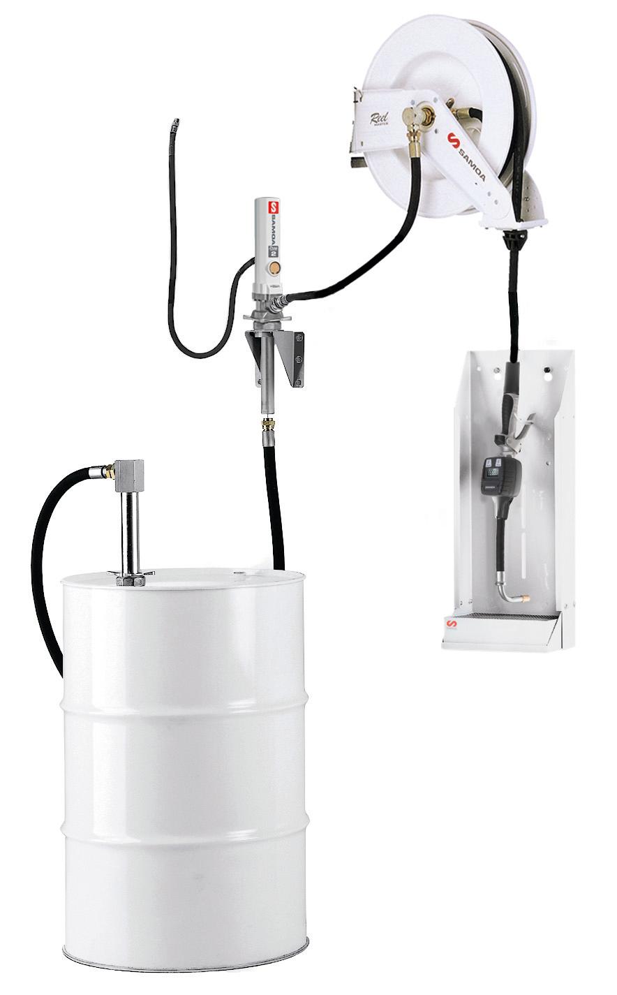 PUMPMASTER 2 - 3:1 RATIO OIL PNEUMATIC PUMP, 205 L DRUM, WALL MOUNTED STATIONARY PACKAGE WITH RM-12 REEL