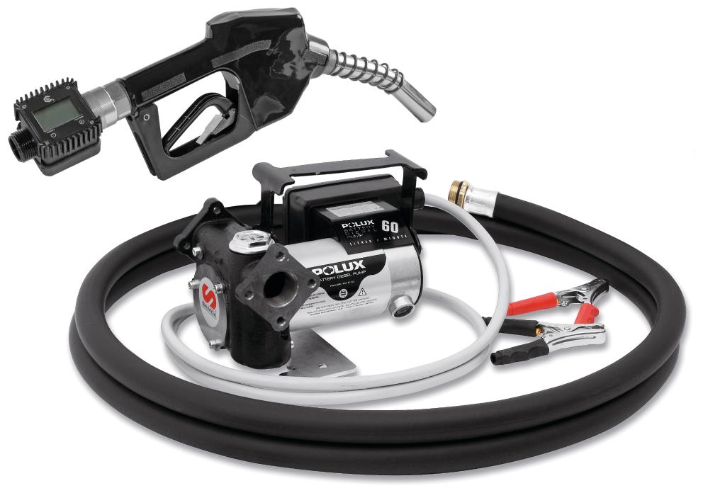 12 V DC POLUX SERIES ELECTRIC PUMP PACKAGE FOR DIESEL WITH AUTOMATIC
NOZZLE, METER AND SUCTION PACKAGE, 60 L/MIN